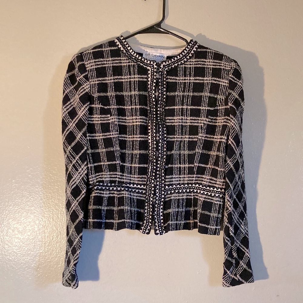 St. John Tweed Knit Women Zipper Blazer Size 10 Black Lime Green Tan & White